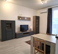 PREDAJ - 3 izbový byt blízko centra - Pivovarská ulica Nitra - Obývacia izba s TV, skrinkami, stolom a podlahou s dreveným dekorom v 3-izbovom byte.