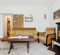 REZERVOVANÉ 4-izb. rodinný dom s garážou, Čierny Brod - Obývacia izba v rodinnom dome s krbom, pruhovanou sedačkou a konferenčným stolíkom.