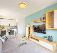 BA/PETRŽALKA-Prenájom moderného 3i bytu s parkovacím státim-Slnečnice - Obývacia izba v 3-izbovom byte s kuchyňou, sedacou súpravou a podlahou s dreveným dekorom.