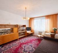 NA PREDAJ 1-IZBOVÝ BYT V PÔVODNOM STAVE – DÚBRAVKA, SARATOVSKÁ ULICA - Obývacia izba v 1-izbovom byte s nábytkom a kobercom s červeným vzorom.