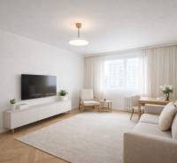 NA PREDAJ 1-IZBOVÝ BYT V PÔVODNOM STAVE – DÚBRAVKA, SARATOVSKÁ ULICA - Obývacia izba v 1-izbovom byte s podlahou s dreveným dekorom, svetlým nábytkom a televízorom.