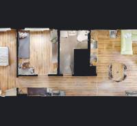 | 3-izbový byt v novostavbe, ul. Odevná + parking | Trenčín  - Pôdorys 3-izbového bytu s podlahou s dreveným dekorom, kuchyňou a obývacou izbou.