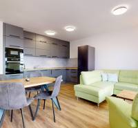 | 3-izbový byt v novostavbe, ul. Odevná + parking | Trenčín  - Kuchyňa s obývačkou v 3-izbovom byte, zelená sedačka, podlaha s dreveným dekorom.