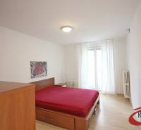 **PREDAJ 3-IZBOVÉHO BYTU S BALKÓNOM A LOGGIOU PRI SLUBEKOVEJ ZÁHRADE** - Spálňa v 3-izbovom byte s posteľou a podlahou s dreveným dekorom.