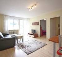 **PREDAJ 3-IZBOVÉHO BYTU S BALKÓNOM A LOGGIOU PRI SLUBEKOVEJ ZÁHRADE** - Obývačka 3-izbového bytu s pohovkou, stolíkom a televíziou na podlahe s dreveným dekorom.