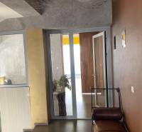 Predaj modernej administratívnej budovy v Bratislave, okres II - Chodba so svetlom, kožená lavica, zelená rastlina, vchodové dvere, interiér budovy.