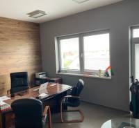 Predaj modernej administratívnej budovy v Bratislave, okres II - Kancelária s drevenými stenami, písacím stolom, čiernymi kreslami a veľkými oknami v budove.