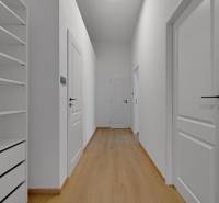 ,Prenájom moderný 3 izb. dom, Sološnícka ul,124 m2, Karlova Ves - Chodba v rodinnom dome s podlahou s dreveným dekorom a bielym nábytkom.