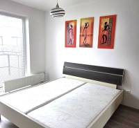 Prenajaté - 2.izbový byt s parkovaním v obci Hviezdoslavov - Spálňa s manželskou posteľou, lampou a obrazmi v 1-izbovom byte.