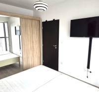 Prenajaté - 2.izbový byt s parkovaním v obci Hviezdoslavov - Spálňa s televízorom, šatníkovou skriňou a drevenými dverami v 1-izbovom byte.