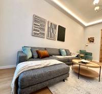 Prenájom priestranného 2-izbového bytu v absolútnom centre Košíc - Obývacia izba s pohovkou, podlahou s dreveným dekorom a umeleckými dielami v 2-izbovom byte.