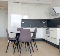 JEDINEČNÝ 2i byt, NOVOSTAVBA, KLÍMA, VÝHĽAD, PARKING, SKY PARK - Kuchyňa a jedálenský kút v 2-izbovom byte s podlahou s dreveným dekorom.