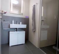 JEDINEČNÝ 2i byt, NOVOSTAVBA, KLÍMA, VÝHĽAD, PARKING, SKY PARK - Kúpeľňa so sprchovacím kútom, svetlým obkladom a umývadlom v 2-izbovom byte.