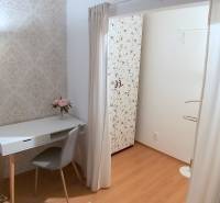 Pekný 2i byt, REKONŠTRUKCIA, CENTRUM, Bukureštská ulica, Staré Mesto - Interiér 2-izbového bytu na ulici Bukurešťská s písacím stolom, stoličkou a kvetmi.