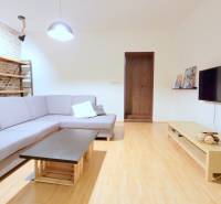 JEDINEČNÝ 2i byt, REKONŠT., 2 X .SAMOST.IZBA, Hviezdoslavovo nám.  - Priestranná obývačka s tehlovou stenou, sedačkou a televízorom na Hviezdoslavovo námestie v 2-izbovom byte.