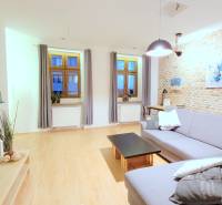 JEDINEČNÝ 2i byt, REKONŠT., 2 X .SAMOST.IZBA, Hviezdoslavovo nám.  - Obývačka, tehlová stena, sivá sedačka, drevená podlaha, na ulici Hviezdoslavovo námestie, pohoda 2-izbový byt.