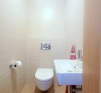 MODERNÝ 3i byt, CUBICON GARDENS, BALKÓN, PARKING, Rudolfa Mocka - Toaleta s umývadlom v 3-izbovom byte, neutrálne obklady a podlaha s dreveným dekorom.