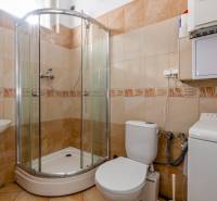 Pekná Garsónka, CENTRUM, REKONŠTRUKCIA,Vajanského nábrežie,Staré Mesto - Kúpeľňa v garsónke s toaletou, sprchovacím kútom a práčkou, obklopená svetlými kachličkami.