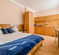 Pekná Garsónka, CENTRUM, REKONŠTRUKCIA,Vajanského nábrežie,Staré Mesto - Garsónka s posteľou, kuchynskou linkou, jedálenským stolom a podlahou s dreveným dekorom.