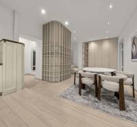  EXKLUZÍVNY, VEĽKOMETRÁŽNY 3i byt ( 130 m2 ), REKONŠTRUKCIA, CENTRUM - Otváracia kuchyňa s jedálenským stolom v 3-izbovom byte, podlaha s dreveným dekorom.