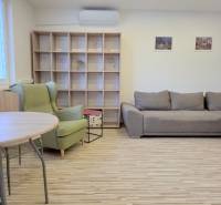 MODERNÝ 2i byt, REKONŠTRUKCIA, KLÍMA, MOZARTOVA ulica, Horský park - Obývacia izba v 2-izbovom byte s rozkladacou sedačkou a kreslom, podlaha s dreveným dekorom.