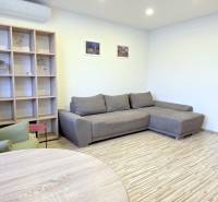 MODERNÝ 2i byt, REKONŠTRUKCIA, KLÍMA, MOZARTOVA ulica, Horský park - Obývačka v 2-izbovom byte s gaučom, kreslom a policovou stenou, podlaha s dreveným dekorom.