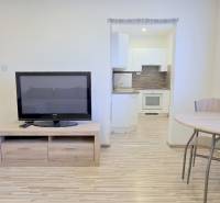 MODERNÝ 2i byt, REKONŠTRUKCIA, KLÍMA, MOZARTOVA ulica, Horský park - Obývacia izba s televízorom a kuchynským kútom, 2-izbový byt s podlahou s dreveným dekorom.