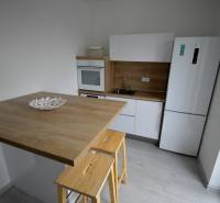 SLNEČNÝ 2i byt, REKONŠTRUKCIA, 2 X SAMOST.IZBA, BALKÓN, Haburská ulica - Kuchyňa v 2-izbovom byte s dreveným pultom a minimalistickým dizajnom.