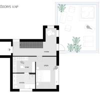 Nadštandardná 4-izbová terasová vila na Kolibe s krásnym výhľadom - Pôdorys poschodia: spálňa, šatník, kúpeľňa, chodba, terasa s nábytkom na rodinnom dome.