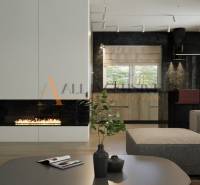 POSLEDNÁ NOVOSTAVBA - HOLODOM | PRÁZNOVCE - Interiér rodinného domu s krbom, pohodlnou sedačkou a elegantným stolom s dekoráciou.