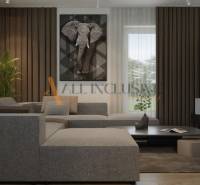 POSLEDNÁ NOVOSTAVBA - HOLODOM | PRÁZNOVCE - Obývacia izba s šedou sedačkou, obrazom slona a televízorom v rodinnom dome.