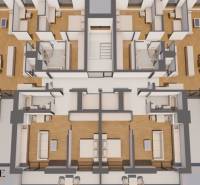 1i - 2i - 3i BYTY V NOVOSTAVBE | NITRA - MLYNARCE - Pôdorys poschodia so zariadenými 1-izbovými bytmi a podlahou s dreveným dekorom.