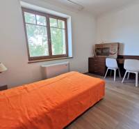 PEKNÁ GARSÓNKA, NOVOSTAVBA, KLÍMA, DRAŽDIAK HAUS, Antolská ulica - Garsónka s podlahou s dreveným dekorom, posteľou, stolom a stoličkami.