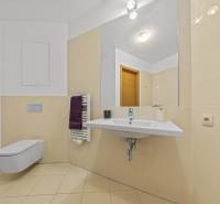 KRÁSNY 2i byt, KLÍMA, LOGGIA,VÝHĽAD,PANORAMA CITY, Landererova ulica - Kúpeľňa v 2-izbovom byte s umývadlom, zrkadlom, závesným WC a béžovými obkladačkami.