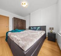 KRÁSNY 2i byt, KLÍMA, LOGGIA,VÝHĽAD,PANORAMA CITY, Landererova ulica - Spálňa v 2-izbovom byte s podlahou s dreveným dekorom, posteľou a skriňou.