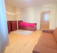 VEĽKOMETRÁŽNY 3i byt, 3 x NEPRIECHODNÁ IZBA, KLÍMA, BALKÓN, Nám.SNP - Spálňa v 3-izbovom byte s gaučom, posteľou a podlahou s dreveným dekorom.