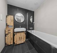 ŠTÝLOVÝ 2i byt,SKY PARK,VÝHĽAD,LOGGIA,PARKING,VEŽA II,Továrenská ul. - Kúpeľňa v 2-izbovom byte s tmavými obkladmi a dreveným nábytkom.