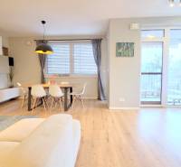 LUXUSNÝ 3i byt, TERASA, PARKING, KLÍMA, ZELENÁ HORKA, Ďumbierska ulica - Obývacia izba v 2-izbovom byte s podlahou s dreveným dekorom a jedálenským stolom.