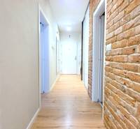 LUXUSNÝ 3i byt, TERASA, PARKING, KLÍMA, ZELENÁ HORKA, Ďumbierska ulica - Chodba v 2-izbovom byte s tehlovou stenou a podlahou s dreveným dekorom.