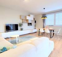 LUXUSNÝ 3i byt, TERASA, PARKING, KLÍMA, ZELENÁ HORKA, Ďumbierska ulica - Obývacia izba s bielym gaučom a televíziou v 2-izbovom byte, podlaha s dreveným dekorom.