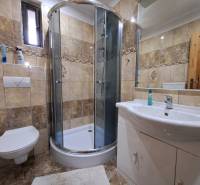 Šikovná drevenica pod lesom Slovenské Pravno  - Kúpeľňa rodinného domu s rohovou sprchou, keramickým obkladom a toaletou.