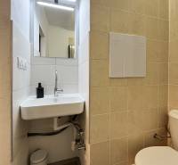 Bez provízie | Na prenájom dizajnové štúdio v Ružinove - Kúpeľňa v garsónke s umývadlom, zrkadlom a toaletou, svetlá dlažba na stene.