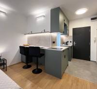 Bez provízie | Na prenájom dizajnové štúdio v Ružinove - Garsónka s kuchynským kútom, jedálenským pultom a podlahou s dreveným dekorom.