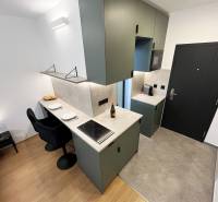 Bez provízie | Na prenájom dizajnové štúdio v Ružinove - Kompaktná garsónka s kuchynským kútom, stolovanie pri doske, podlaha s dreveným dekorom.