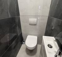 3 izbový byt s balkónom Topoľčany / PRENAJOM  - Toaleta s bielym umývadlom a čiernymi obkladmi v 3-izbovom byte.
