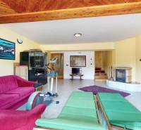 Na predaj Rodinný dom -rezort - Banská Bystrica 4500m2 - Obývacia izba v rodinnom dome s krbom, nábytkom a cvičebným zariadením.