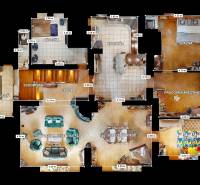 Na predaj Rodinný dom -rezort - Banská Bystrica 4500m2 - Pôdorys rodinného domu s miestnosťami: kuchyňa, spálňa, obývacia miestnosť, kúpeľňa.