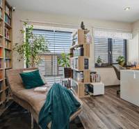 Ideálny dom pre rodinu, Blatné, okr. Senec - Knižnica s pohovkou v rodinnom dome so zeleňou a podlahou s dreveným dekorom.