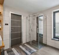Ideálny dom pre rodinu, Blatné, okr. Senec - Kúpeľňa Rodinného domu s presklenou sprchou, pultom s umývadlom a podlahou s dreveným dekorom.