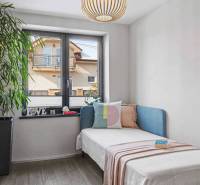 Ideálny dom pre rodinu, Blatné, okr. Senec - Izba v rodinnom dome s rastlinou, posteľou, vankúšmi a knižnicou. Oknom vidieť susedný dom.